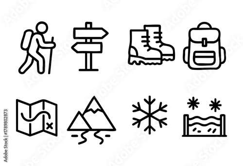 Various icons represent hiking and outdoor activities. Features include a hiker, directional signs, gear like boots and backpacks, and winter elements like mountains and snowflakes.