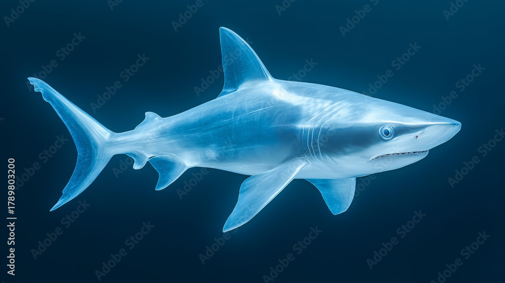 Obraz premium Futuristic shark, metallic scale, swimming, ocean, blue background, digital art, sleek