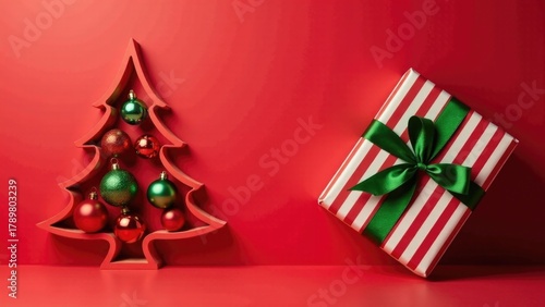 Wallpaper Mural A Christmas tree decorated with lights and ornaments next to a wrapped gift on a bright red background Torontodigital.ca