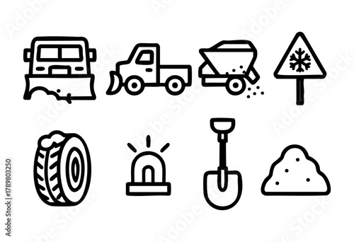 Snow removal vehicles like a plow and truck prepare for winter weather. Warning signs alert drivers of snowy conditions. Essential equipment like shovels and tires are also shown.