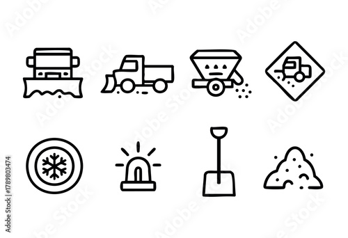 Various snow removal tools and vehicles are displayed. Snow plows, salt spreaders, and safety signs indicate efforts to keep roads clear during winter storms.