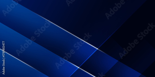 Dramatic abstract technology background deep blue. Overlapping geometric and smooth curved planes create sense of depth and motion. Prominently glowing white and light-blue diagonal lines