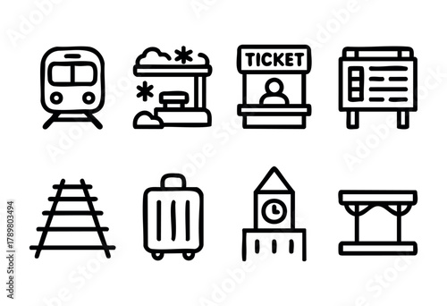 A busy train station scene featuring a ticket booth, travelers with luggage, railway tracks, and a clock tower, showcasing the hustle and bustle of commuting.