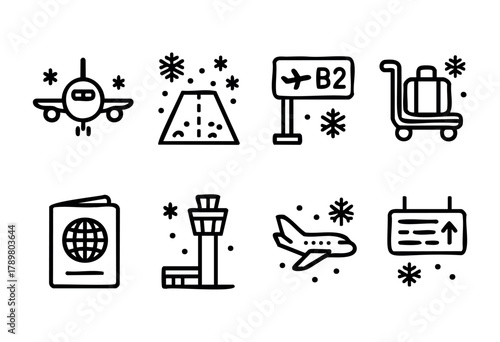 Icons represent various airport elements, including an airplane, runway, luggage cart, passport, and departure sign, all set against a snowy backdrop, illustrating winter travel.