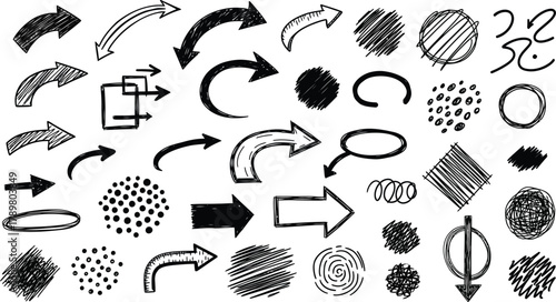 Doodle Arrows and Abstract Shapes on White Backdrop HandDrawn Elements Set