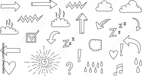 Doodle Arrows, Clouds, Heart, Question Mark, Tick, Raindrops and Sleep Signs
