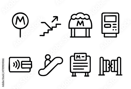 Various symbols indicate metro transportation features, including entry signage, ticket machines, escalators, and turnstiles. These elements highlight urban public transit infrastructure.