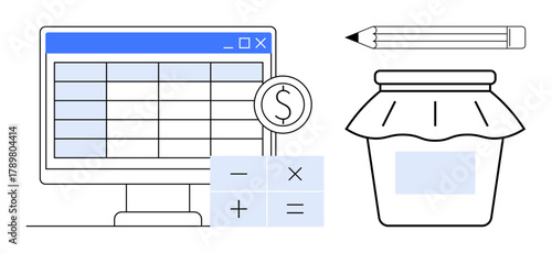 Desktop spreadsheet with a dollar coin, calculator numbers, jar symbolizing savings, and a pencil. Ideal for financial planning, bookkeeping, budgeting, saving, accounting business strategy