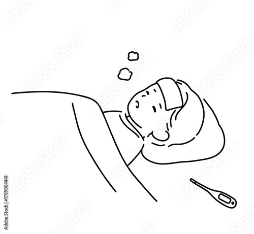 熱を出して寝込んでいる男の子　線画