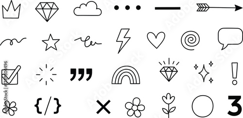 Doodle Icon Set with Crown, Diamond, Cloud, Arrow, Flower on Transparent Background