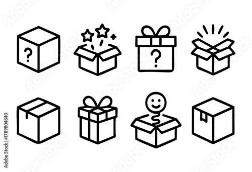 Different styles of boxes are shown, including closed boxes, gift boxes with bows, and boxes revealing surprises. The simple designs include question marks and stars, emphasizing curiosity and joy.