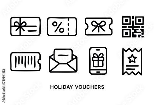 Various holiday vouchers and gift cards are displayed, featuring different designs such as envelopes, QR codes, and festive symbols. These items are perfect for gifting during celebrations.