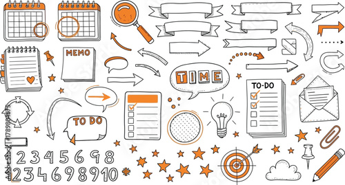 Doodle Office Supplies Calendar, Magnifying Glass, Arrows,Ribbons, ToDo List, Numbers