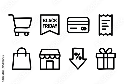Collection of simple icons representing Black Friday shopping. Includes a shopping cart, credit card, store, gift box, and discount symbols. Ideal for promotions and marketing materials.