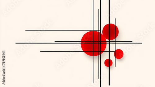 Minimalist abstract artwork with red circles and black lines white background, modern geometric