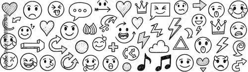 Doodle Style Sketchy HandDrawn Emoticons, Hearts, Arrows, Thunder, Cloud on White