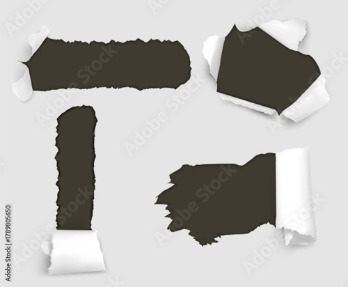 Torn paper holes with rolls on damaged edges. Vector realistic set of abstract banner sheet broken texture, scratched curls frame for promo sale or secret reveal, uneven rough border for poster design