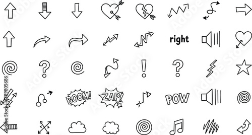 Doodle Symbol Set with Arrows, Hearts, Sound, Clouds, Question Marks on White