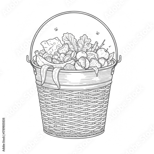 A woven bamboo trash can. A trash can that holds kitchen waste such as fruits, vegetables, and other ingredients.