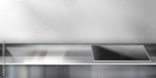 Stainless steel kitchen counter with integrated stove top and metal surface in modern minimalist interior. Clean background with sleek table design in professional culinary workspace aesthetic.