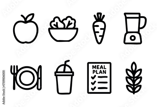 Icons illustrating a healthy lifestyle with fruits, vegetables, a blender, meal planning ideas, and dining essentials for nutritious eating habits and meal preparation.