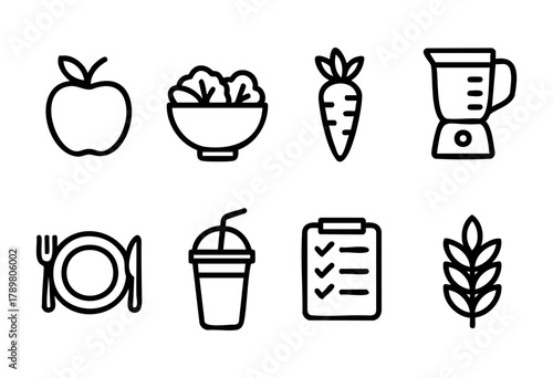 A collection of simple line icons showcases essential items for healthy eating. The icons include fruits, vegetables, kitchen tools, and dining elements, emphasizing nutrition.