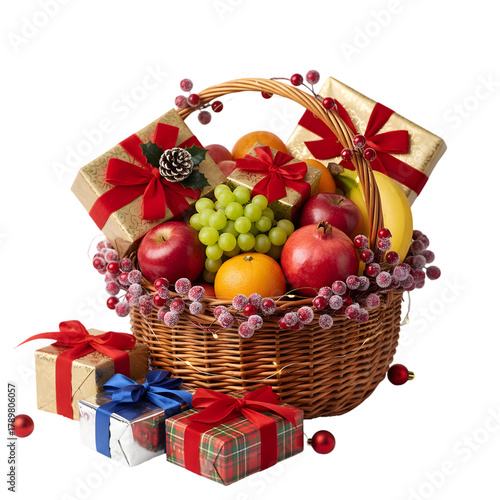 A Wicker Basket Overflowing With Fresh Fruits And Wrapped Gifts Decorated With Red Ribbons And Berries For A Festive Occasion