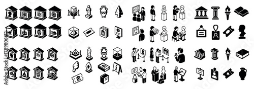 Isometric museum icons collection in black and white
