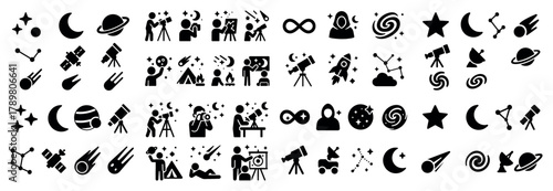 Space exploration icons: telescopes, planets, stars