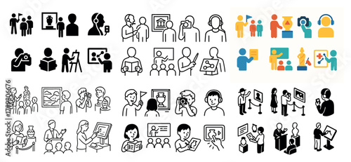 Diverse museum visitors viewing art exhibits