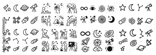 Astronomy icons collection: telescopes, stars, planets