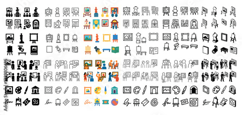 Colorful art icons collection with easels and palettes
