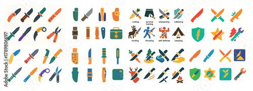Colorful knife and outdoor activity icons collection