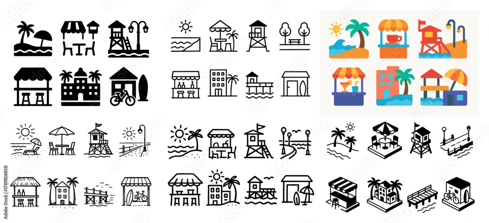 Fototapeta premium Beach icons set with resort and pool elements