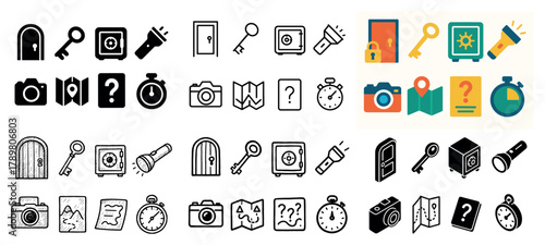 Colorful and black icons of keys, cameras, and maps