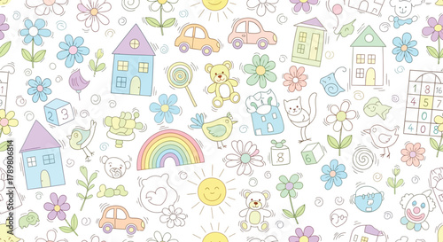 Doodles Pattern Featuring Houses, Flowers, Cars, Teddy Bears, Sun, Rainbow On White