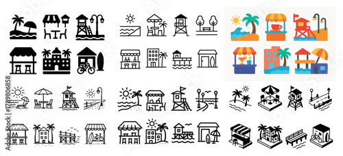 Beach icons set with resort and pool elements