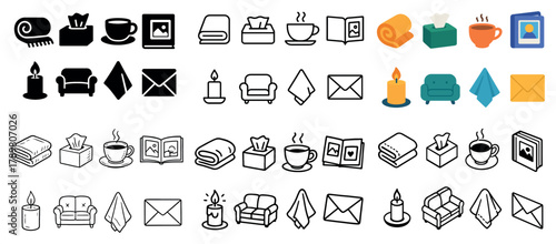 Cozy icons collection: books, candles, and coffee