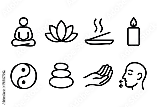 Simple representations of mindfulness practices including meditation, lotus flower, incense, and yin-yang. These symbols convey concepts of peace, balance, and spiritual wellbeing.