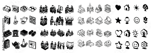 Cozy home icons and family gatherings in black and white