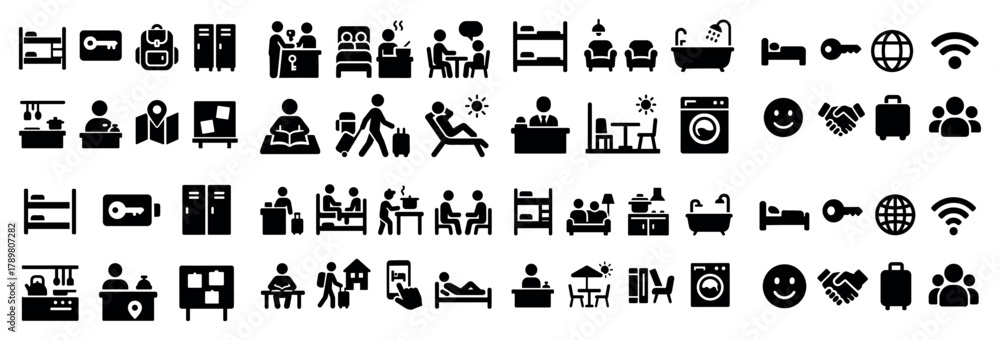 Obraz premium Hostel life icons collection for travel and stay