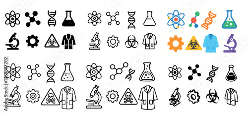Science icons collection: atoms, dna, microscope, lab