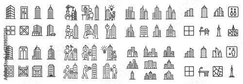 Urban building icons set with people and activities
