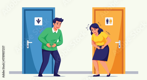 Cartoon Man and Woman with Stomach Ache Outside Restrooms