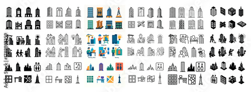 Urban building icon set with people enjoying city life