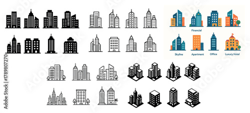 Diverse city building icons