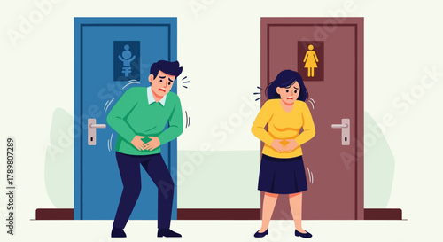 A man and a woman with stomach aches urgently waiting to use the public restrooms, clutching their abdomens in pain.