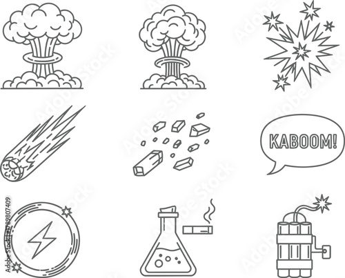 Explosion Icons Set Atomic Blast, Comet, Explosion, Kaboom, Lightning, Chemistry, Bomb
