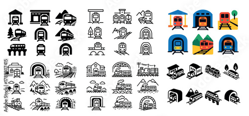 Train icon set: transportation and railway designs