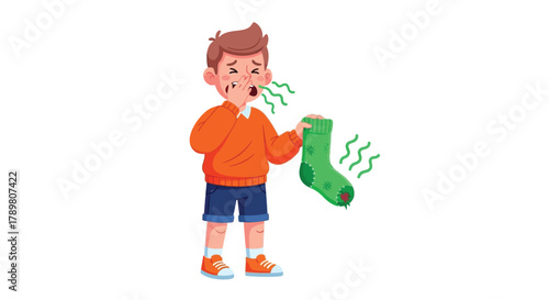 Boy holding stinky sock with disgusted expression, cartoon illustration.